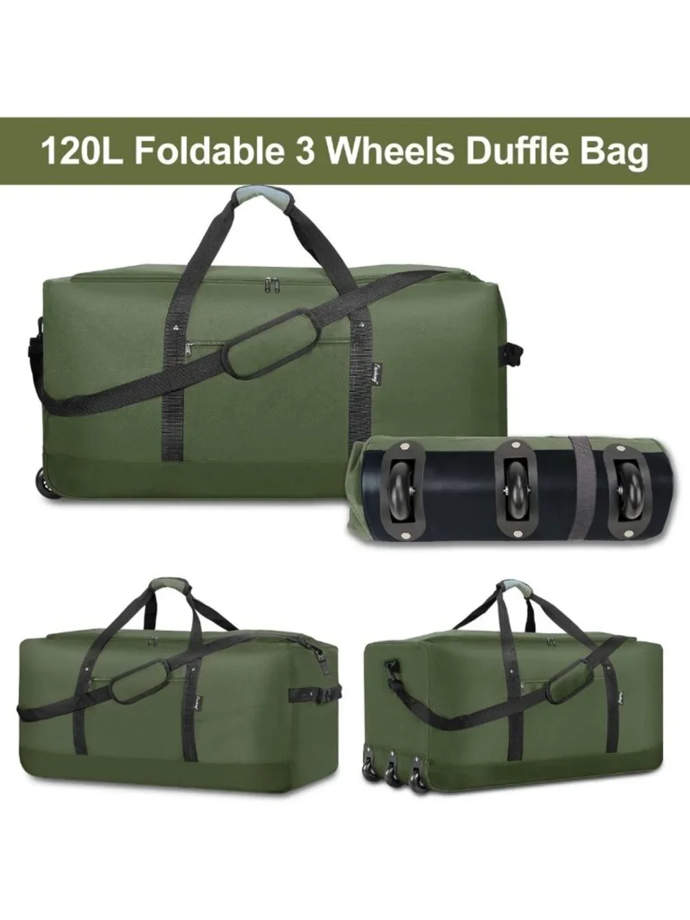 120L Foldable Rolling Duffel Bag with 3 Wheels, Lightweight Travel Bag, Large